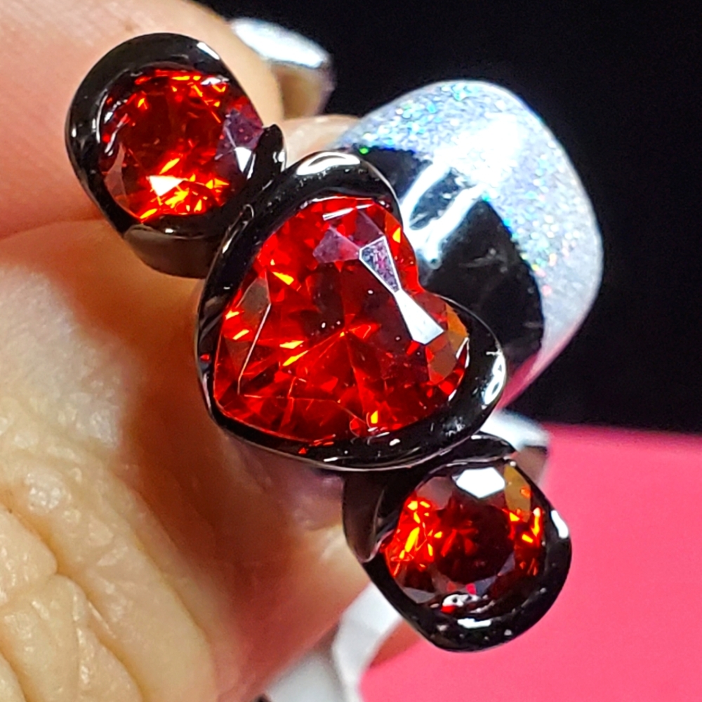 Gothic Love! Black Stainless Steel & Red Garnet Past Present & Future Ring
